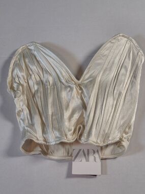 ZARA Cream Satin Effect Pleated Strapless Bustier Top Side Zip Womens Small